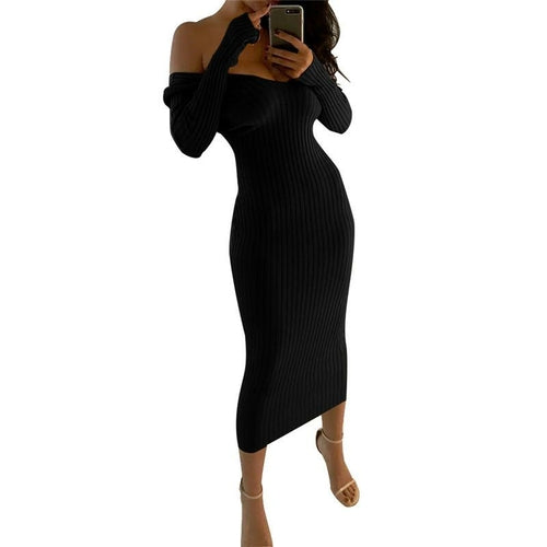 Off-Shoulder Knit Bodycon Midi Dress