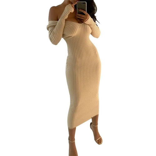 Off-Shoulder Knit Bodycon Midi Dress