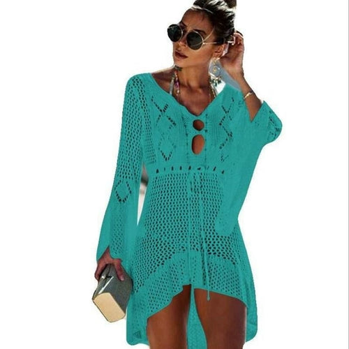 Knit Tassel Tie Crochet Beach Cover-Up