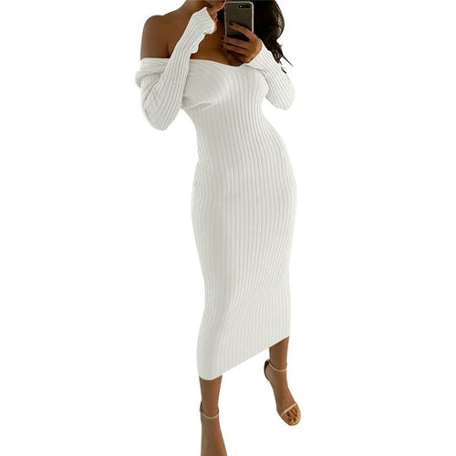 Off-Shoulder Knit Bodycon Midi Dress
