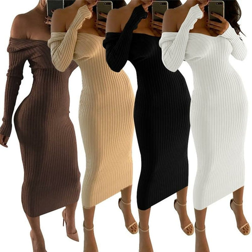 Off-Shoulder Knit Bodycon Midi Dress
