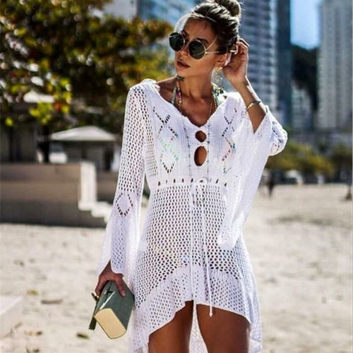 Knit Tassel Tie Crochet Beach Cover-Up