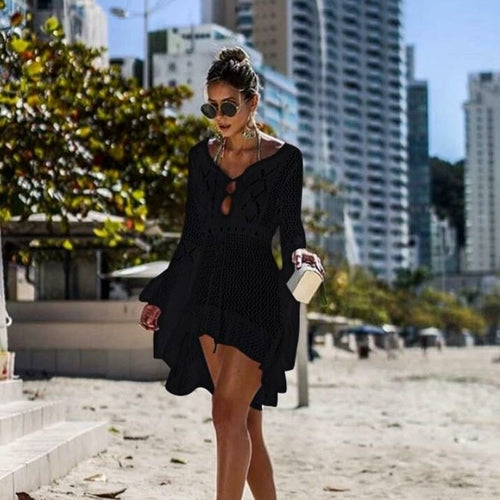 Knit Tassel Tie Crochet Beach Cover-Up