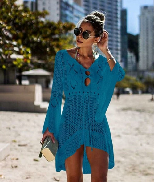 Knit Tassel Tie Crochet Beach Cover-Up