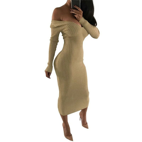 Off-Shoulder Knit Bodycon Midi Dress