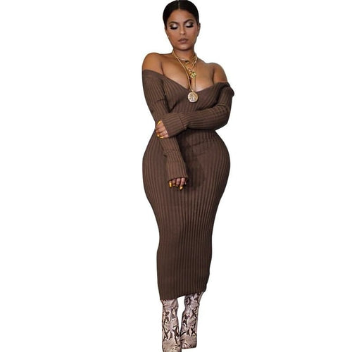 Off-Shoulder Knit Bodycon Midi Dress