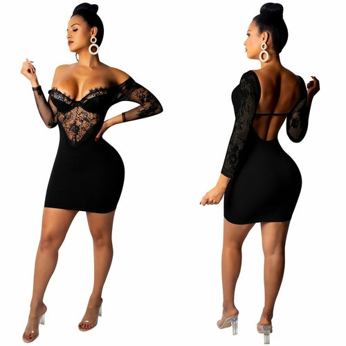 Hollow Lace Backless Five-Point Sleeve Dress